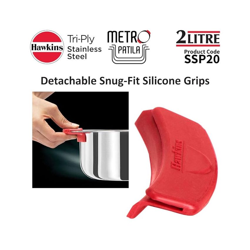 Hawkins 2 Litre Metro Patila, Triply Stainless Steel Tope, Induction Bhagona, Tapeli, Silver (SSP20)