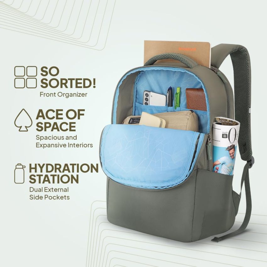 American Tourister New Bounce Style 01, 27L Volume College Backpack with Front Organizer and Spacious Interiors for Men & Women - Beige