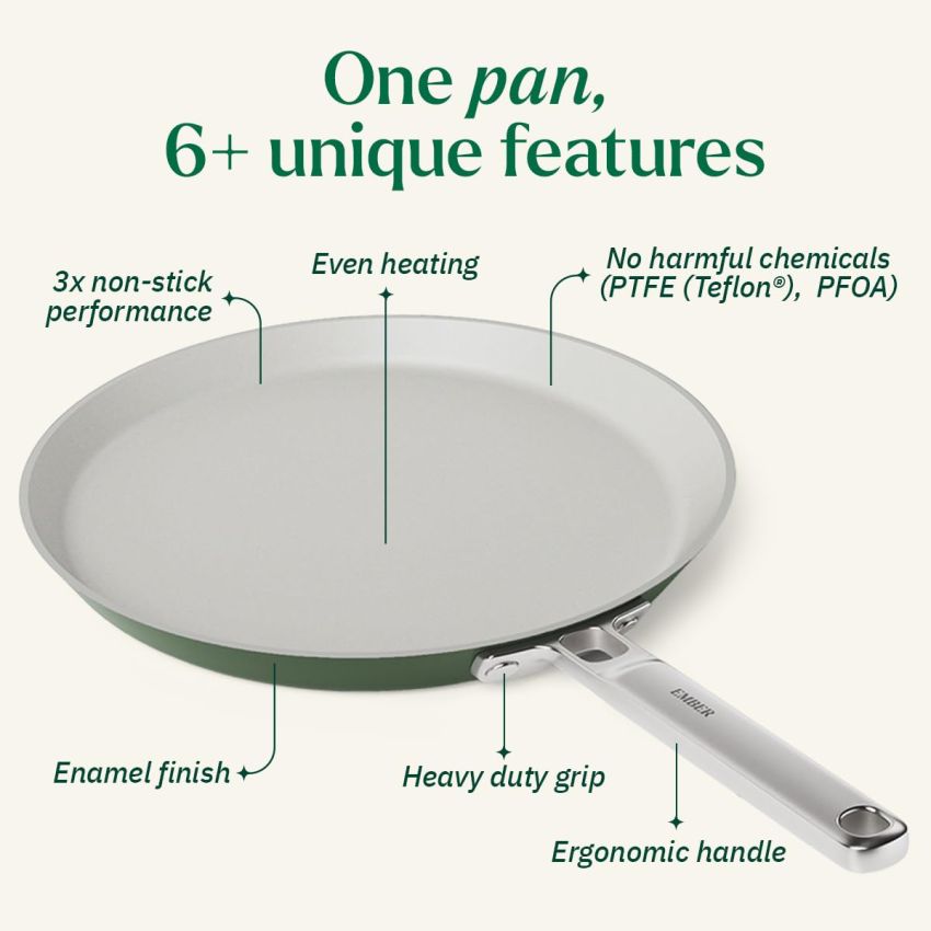 Ember Cookware Arcilla Ceramic Non Stick Dosa Tawa 28cm | Stainless Steel Handle | 1x Spatula | Induction Safe | Non Toxic Tawa | PFAS & PTFE Free | Capri Series | Green