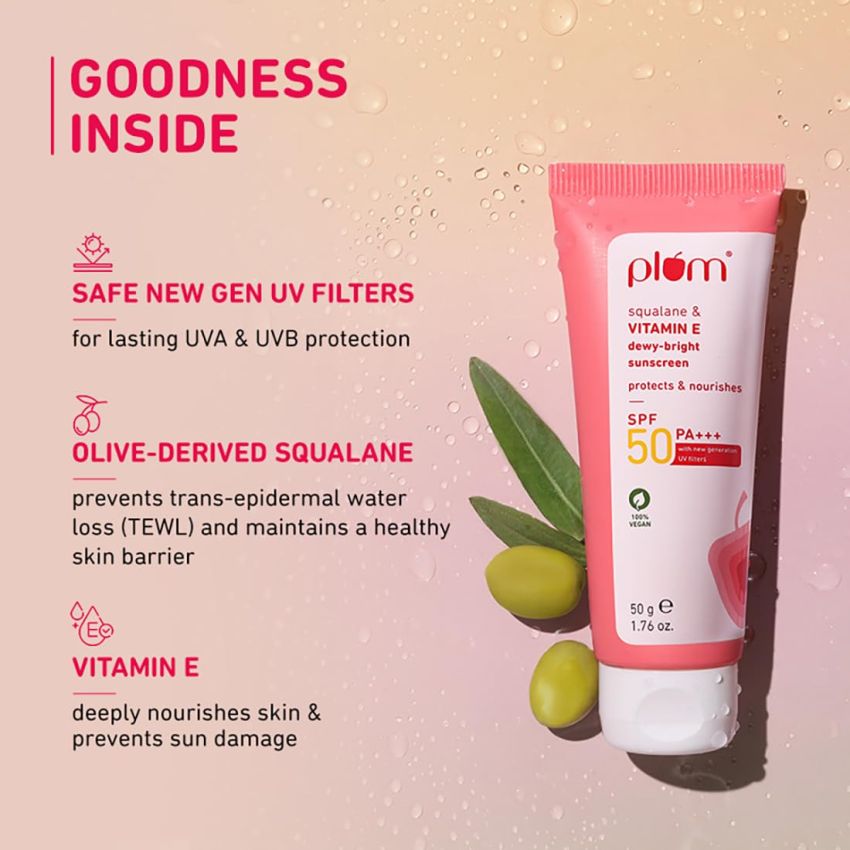 Plum Squalane&Vitamin E Dewy-Bright Sunscreen Spf 50 Pa+++|No White Cast,Lightweight,Non-Sticky|All Skin Types|Sunscreen For Women&Men|100% Vegan|50 G