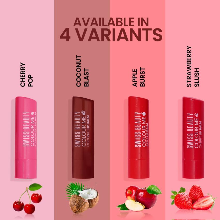 Swiss Beauty Colour Me Tinted Lip Balm with 12 Hours of Hydration | For Dry & Chapped Lips | With SPF 15 , Shea Butter and Vitamin E | Long Lasting Glossy Finish Lip Balm | Shade - Strawberry Slush, 4.5g