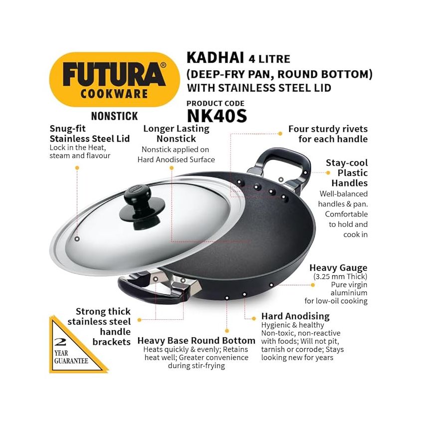 Hawkins Futura Nonstick Kadhai 4 L, 30 cm, 3.25 mm with SS lid
