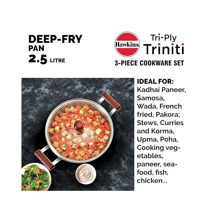 Hawkins Triniti 3 Pieces Triply Stainless Steel Cookware Set 1 - Frying Pan, Tava, Deep-Fry Pan with Glass Lid, Silver (SSET1)