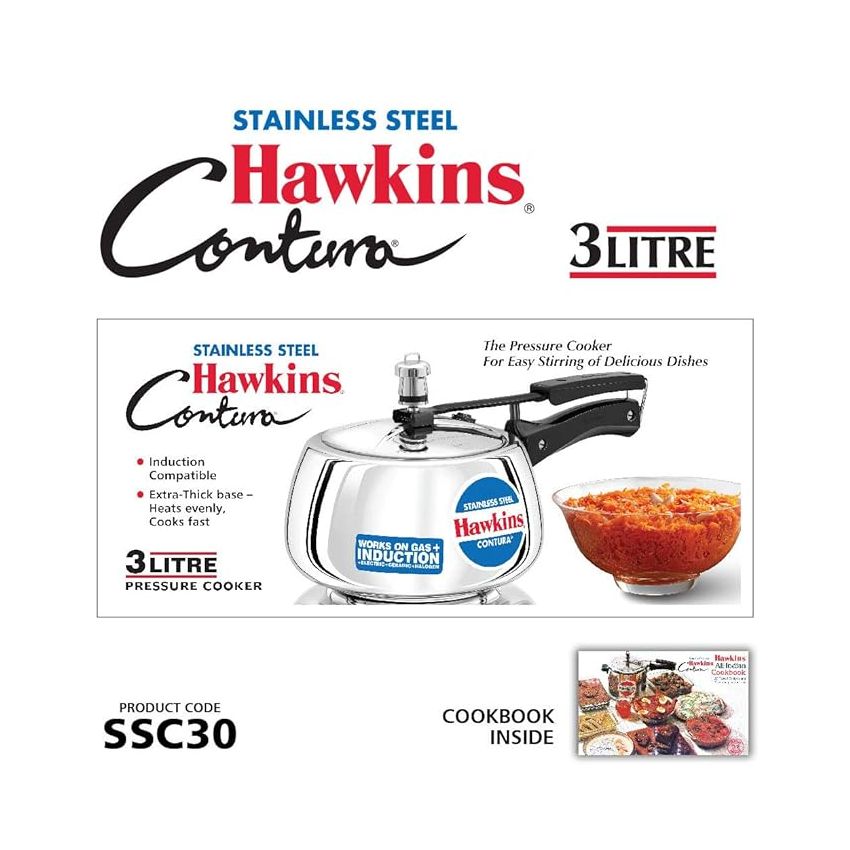 Hawkins 3 Litre Contura Pressure Cooker, Stainless Steel Inner Lid Cooker, Handi Cooker, Induction Cooker, Silver (SSC30)