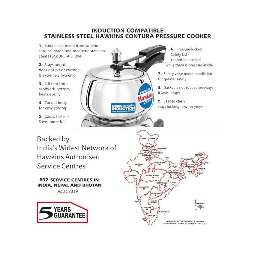Hawkins 3 Litre Contura Pressure Cooker, Stainless Steel Inner Lid Cooker, Handi Cooker, Induction Cooker, Silver (SSC30)