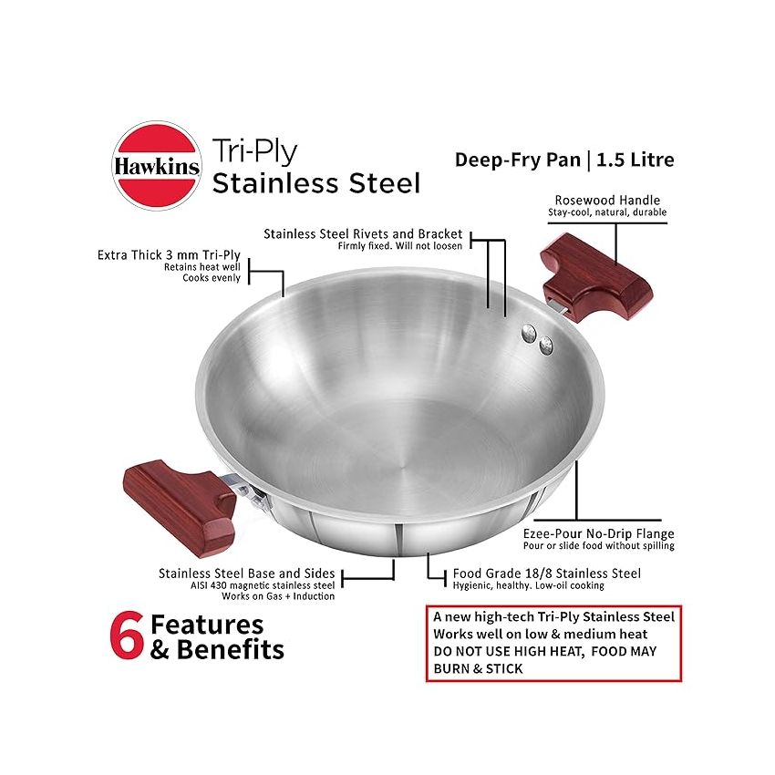 Hawkins 1.5 Litre Deep Fry Pan, Triply Stainless Steel Kadai, Flat Bottom Induction Kadhai, Small Kadai, Silver (SSD15)