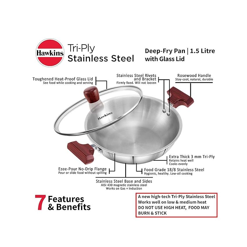 Hawkins 1.5 Litre Deep Fry Pan, Triply Stainless Steel Kadai with Glass Lid, Flat Bottom Induction Kadhai, Small Kadai, Silver (SSD15G)