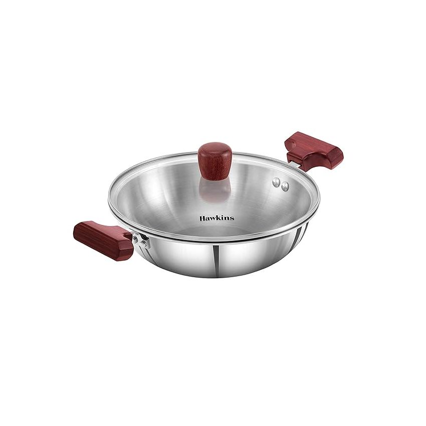 Hawkins 1.5 Litre Deep Fry Pan, Triply Stainless Steel Kadai with Glass Lid, Flat Bottom Induction Kadhai, Small Kadai, Silver (SSD15G)