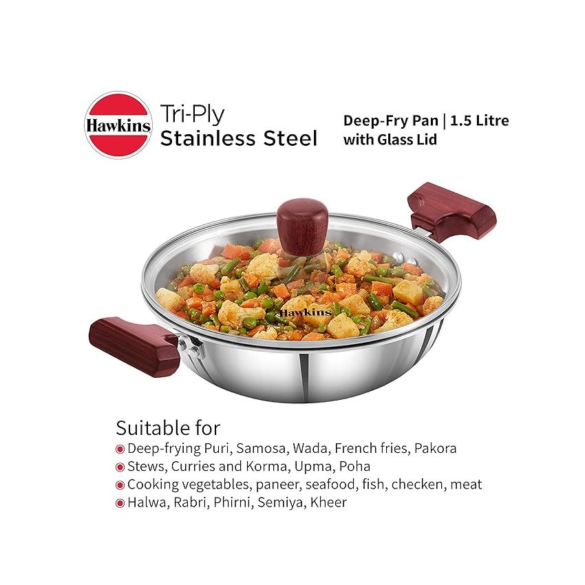 Hawkins 1.5 Litre Deep Fry Pan, Triply Stainless Steel Kadai with Glass Lid, Flat Bottom Induction Kadhai, Small Kadai, Silver (SSD15G)