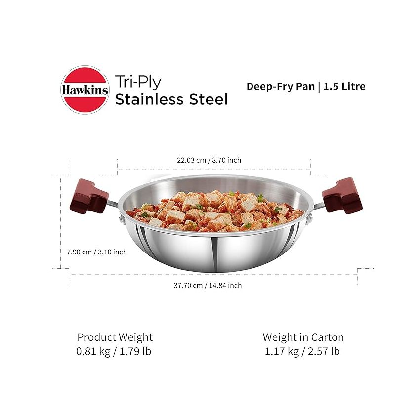 Hawkins 1.5 Litre Deep Fry Pan, Triply Stainless Steel Kadai, Flat Bottom Induction Kadhai, Small Kadai, Silver (SSD15)