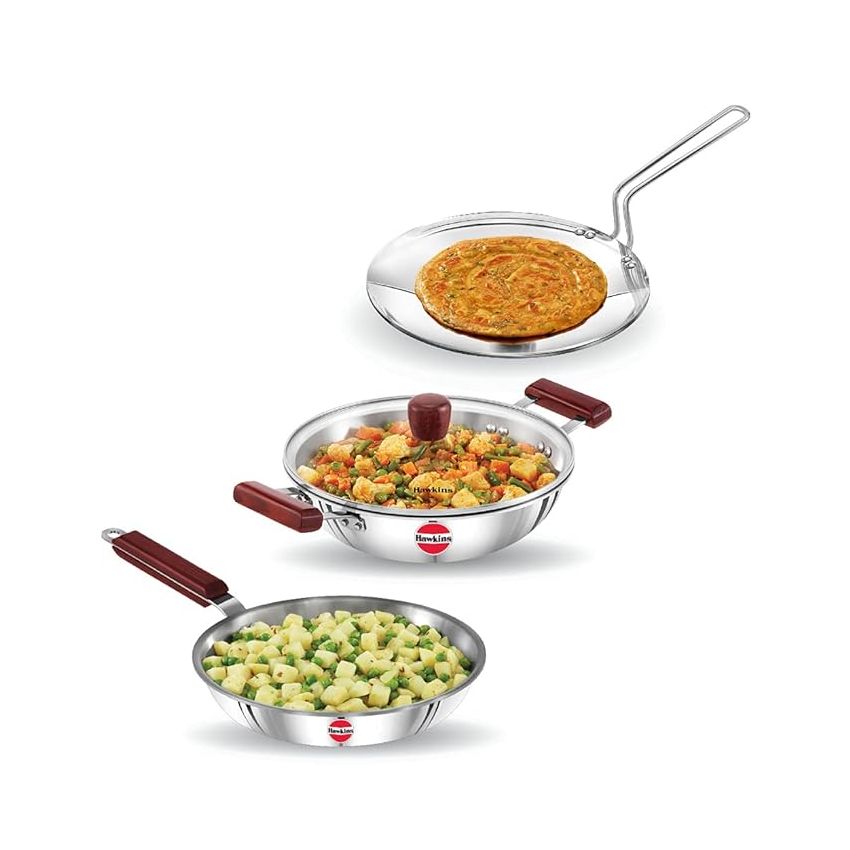 Hawkins Triniti 3 Pieces Triply Stainless Steel Cookware Set 2 - Frying Pan, Tava, Deep-Fry Pan with Glass Lid, Silver (SSET2)
