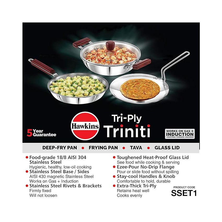 Hawkins Triniti 3 Pieces Triply Stainless Steel Cookware Set 2 - Frying Pan, Tava, Deep-Fry Pan with Glass Lid, Silver (SSET2)