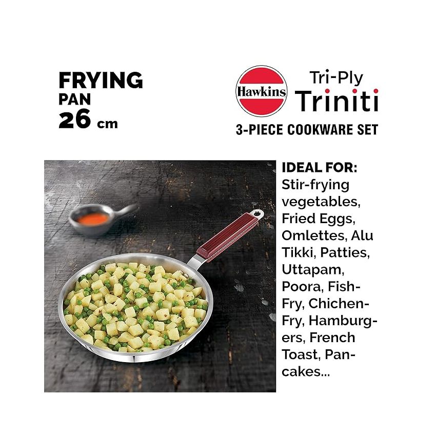 Hawkins Triniti 3 Pieces Triply Stainless Steel Cookware Set 2 - Frying Pan, Tava, Deep-Fry Pan with Glass Lid, Silver (SSET2)