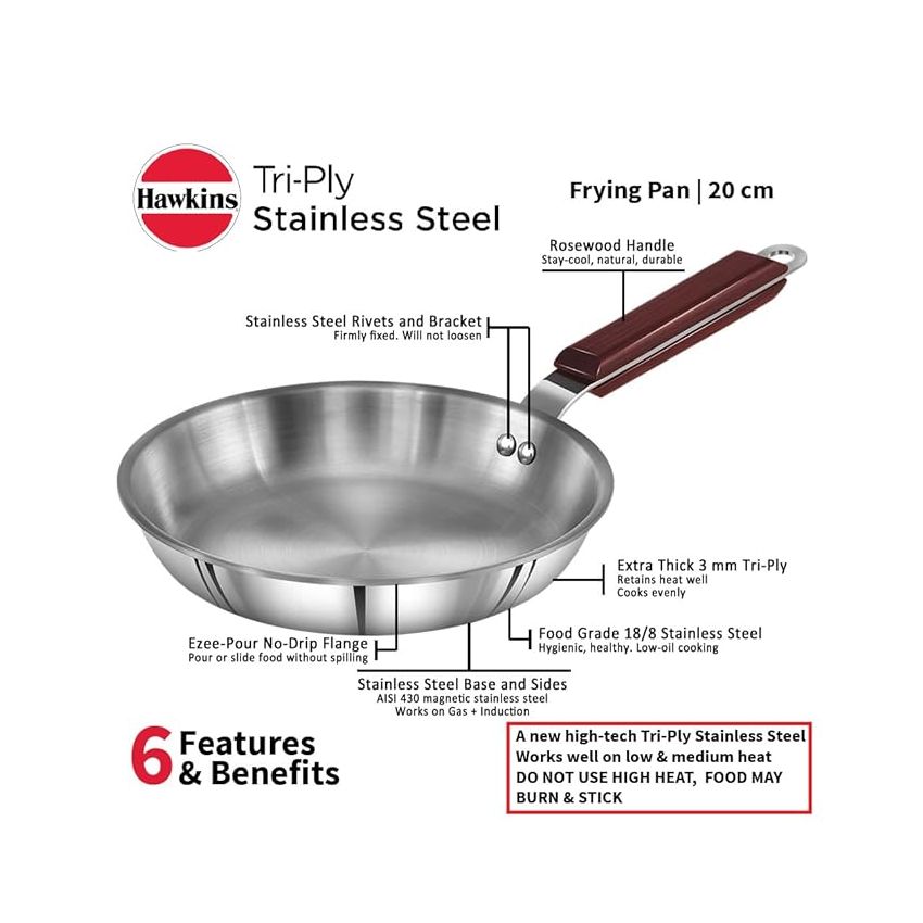 Hawkins 20 cm Frying Pan, Triply Stainless Steel Fry Pan, Induction Frying Pan, Small Frying Pan, Silver (SSF20)