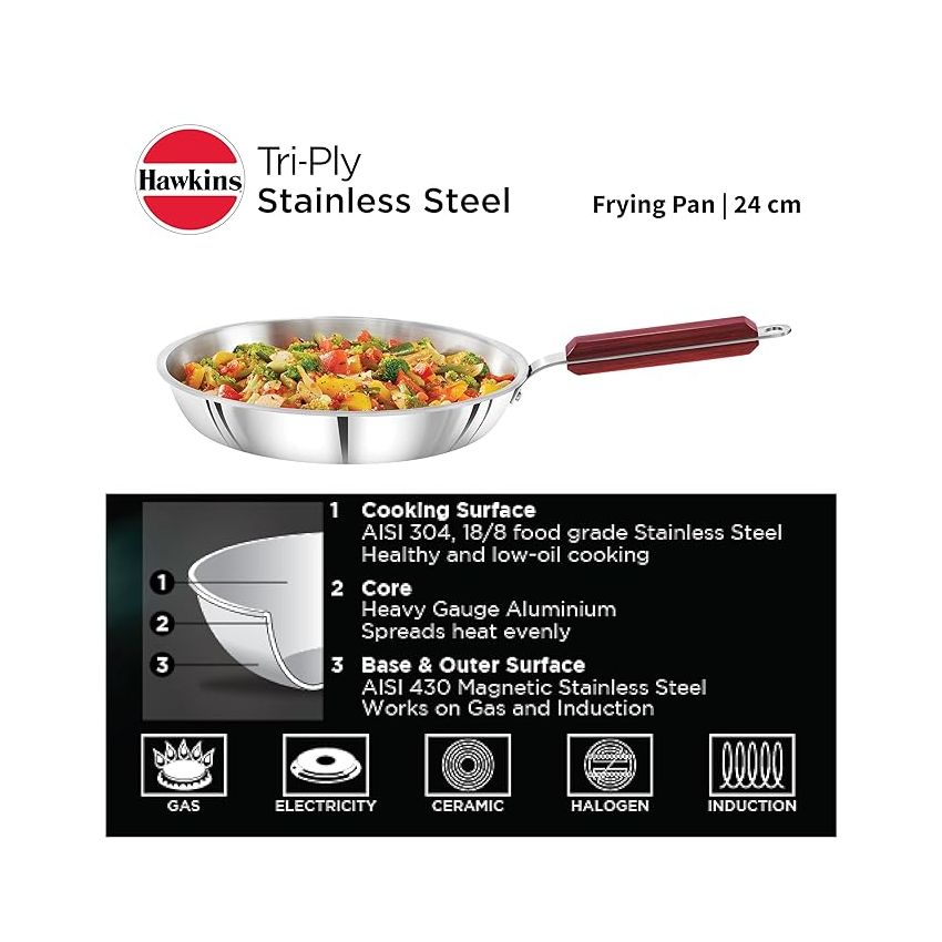 Hawkins 24 cm Frying Pan, Triply Stainless Steel Fry Pan, Induction Frying Pan, Frypan, Silver (SSF24)