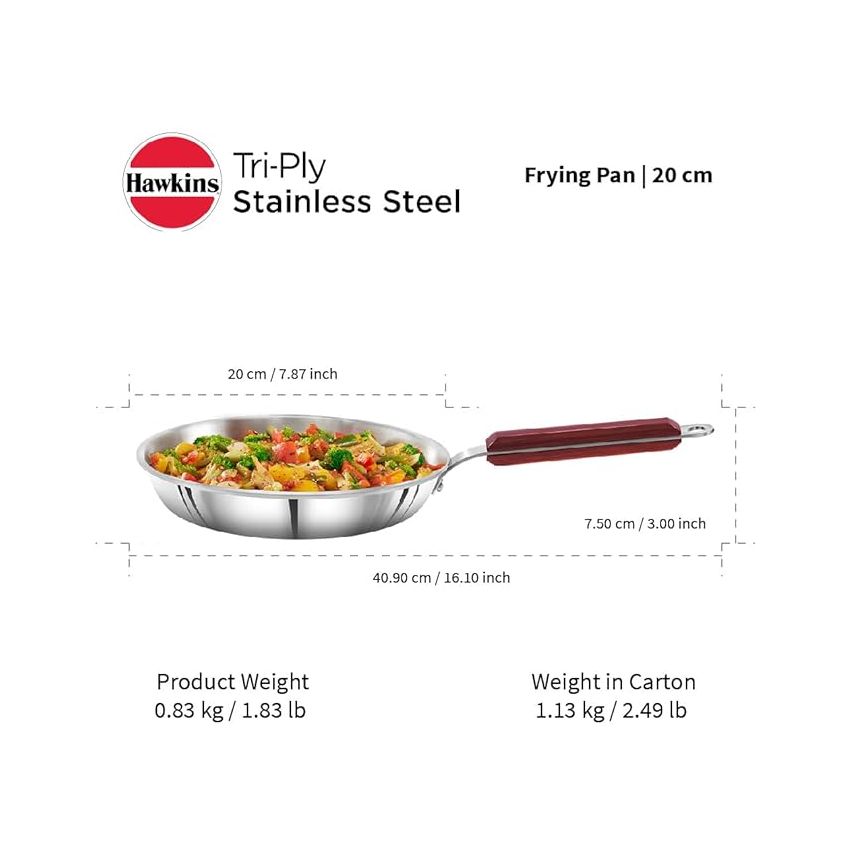 Hawkins 20 cm Frying Pan, Triply Stainless Steel Fry Pan, Induction Frying Pan, Small Frying Pan, Silver (SSF20)