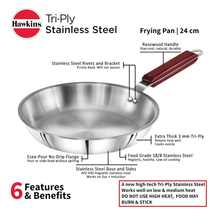 Hawkins 24 cm Frying Pan, Triply Stainless Steel Fry Pan, Induction Frying Pan, Frypan, Silver (SSF24)