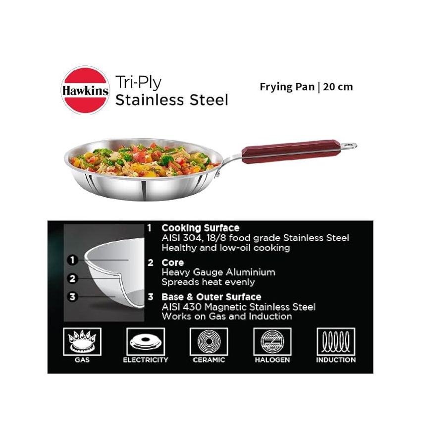 Hawkins 20 cm Frying Pan, Triply Stainless Steel Fry Pan, Induction Frying Pan, Small Frying Pan, Silver (SSF20)
