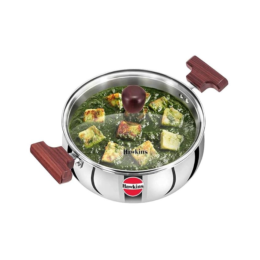 Hawkins 2 Litre Cook n Serve Handi, Triply Stainless Steel Handi with Glass Lid, Induction Sauce Pan, Biryani Handi, Saucepan, Silver (SSH20G)