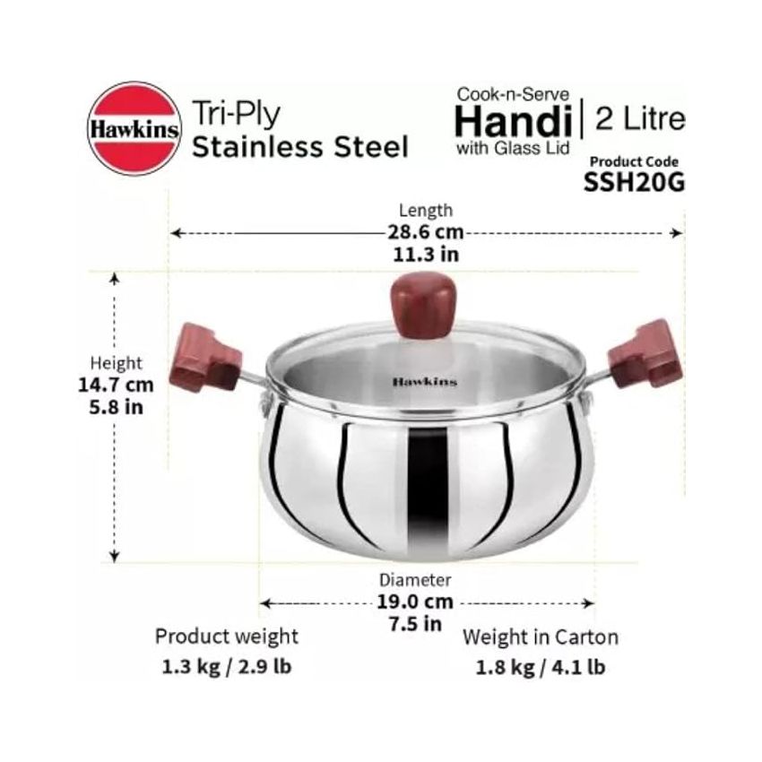Hawkins 2 Litre Cook n Serve Handi, Triply Stainless Steel Handi with Glass Lid, Induction Sauce Pan, Biryani Handi, Saucepan, Silver (SSH20G)