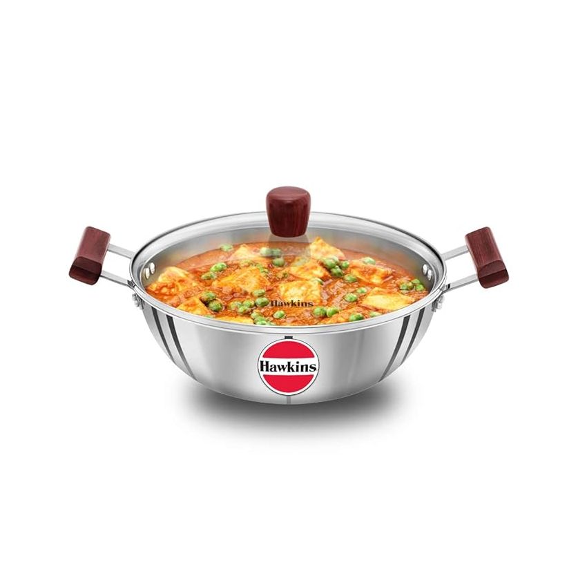 Hawkins 4 Litre Deep Kadhai, Triply Stainless Steel Kadai with Glass Lid, Flat Bottom Induction Kadhai, Big Kadai, Silver (SSK40G)