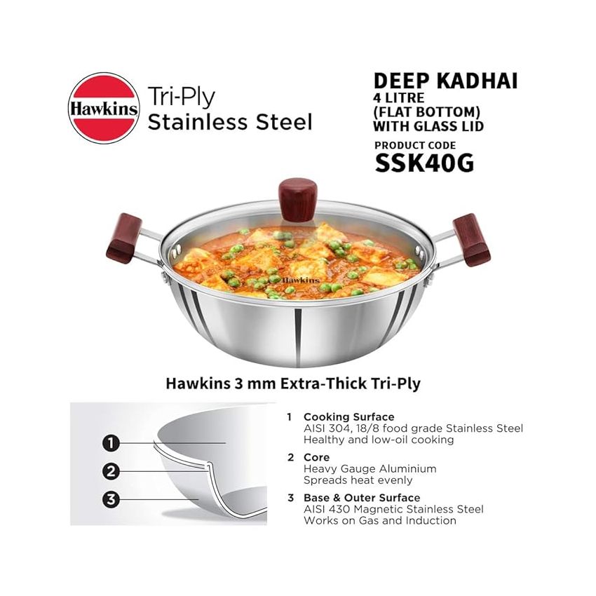 Hawkins 4 Litre Deep Kadhai, Triply Stainless Steel Kadai with Glass Lid, Flat Bottom Induction Kadhai, Big Kadai, Silver (SSK40G)