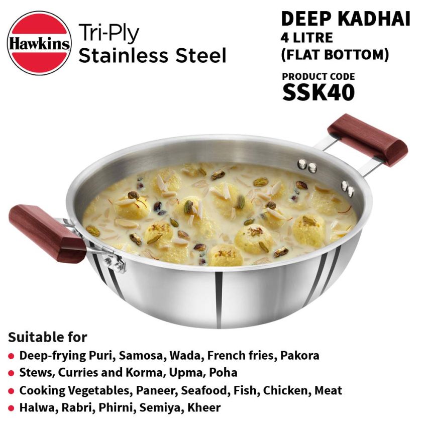 Hawkins 4 Litre Deep Kadhai, Triply Stainless Steel Kadai, Flat Bottom Induction Kadhai, Big Kadai, Silver (SSK40)
