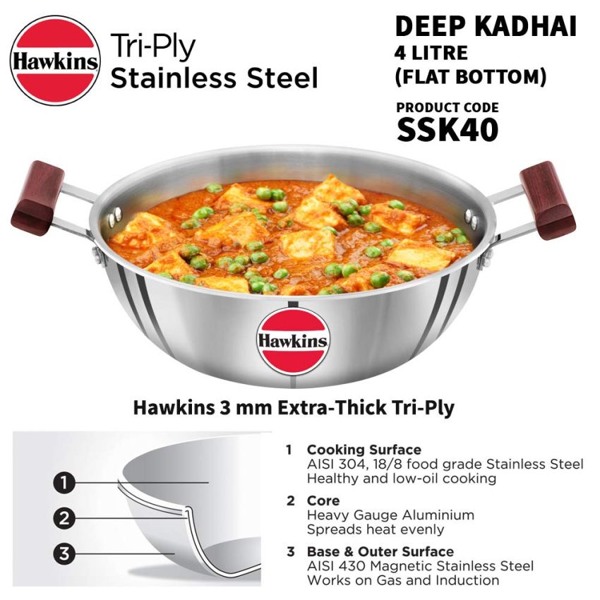 Hawkins 4 Litre Deep Kadhai, Triply Stainless Steel Kadai, Flat Bottom Induction Kadhai, Big Kadai, Silver (SSK40)