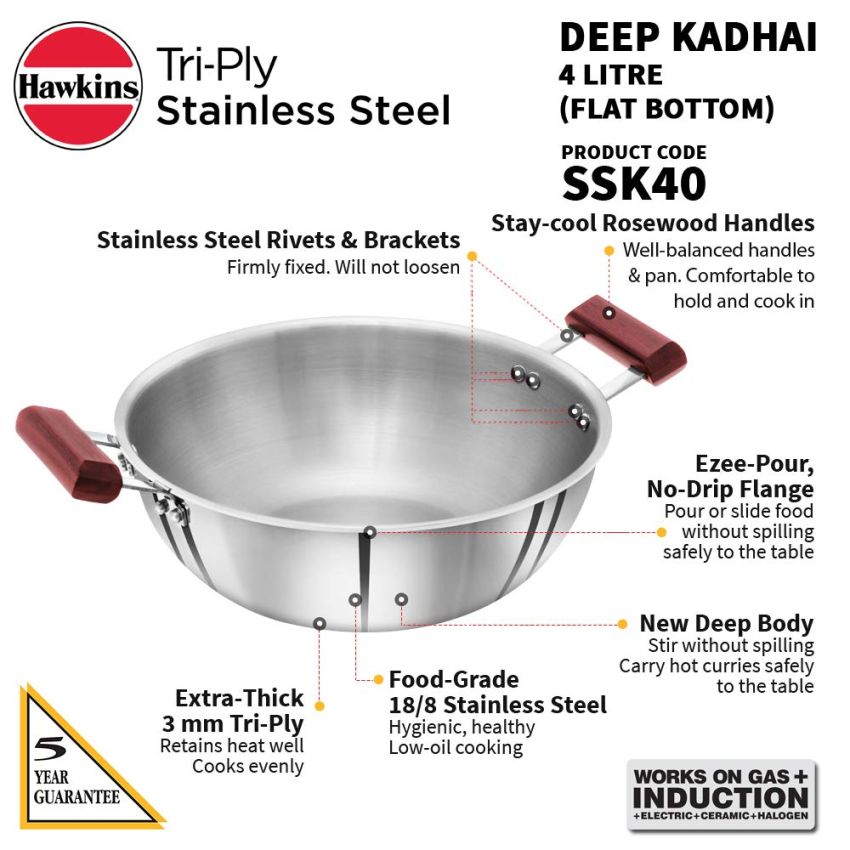 Hawkins 4 Litre Deep Kadhai, Triply Stainless Steel Kadai, Flat Bottom Induction Kadhai, Big Kadai, Silver (SSK40)