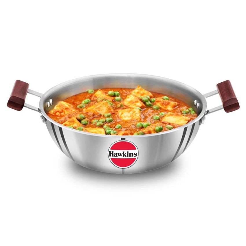 Hawkins 4 Litre Deep Kadhai, Triply Stainless Steel Kadai, Flat Bottom Induction Kadhai, Big Kadai, Silver (SSK40)
