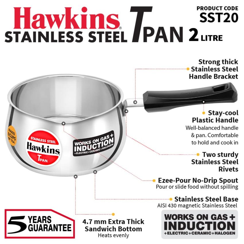Hawkins 2 Litre Tpan, Stainless Steel Tea Pan, Induction Sauce Pan, Chai Pan, Saucepan, Silver (SST20)