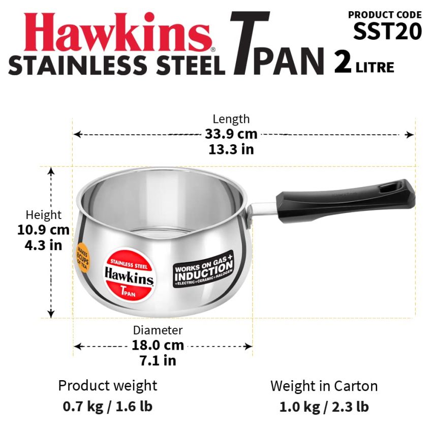 Hawkins 2 Litre Tpan, Stainless Steel Tea Pan, Induction Sauce Pan, Chai Pan, Saucepan, Silver (SST20)