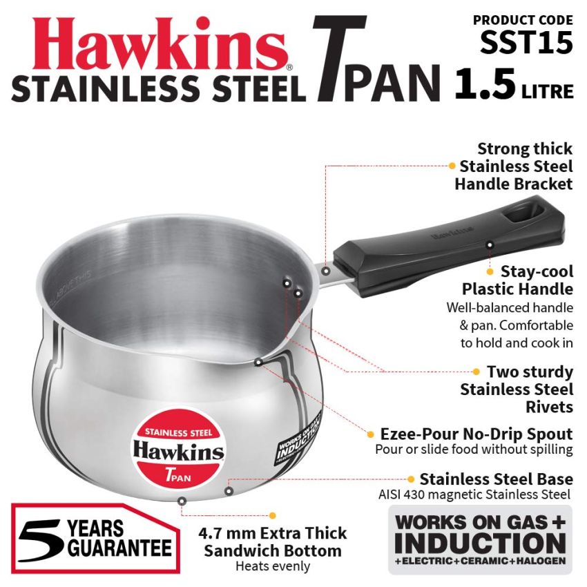 Hawkins 1.5 Litre Tpan, Stainless Steel Tea Pan, Induction Sauce Pan, Chai Pan, Saucepan, Silver (SST15)