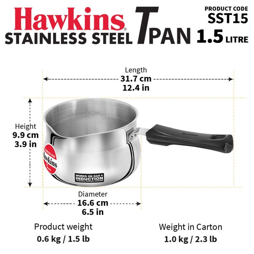 Hawkins 1.5 Litre Tpan, Stainless Steel Tea Pan, Induction Sauce Pan, Chai Pan, Saucepan, Silver (SST15)