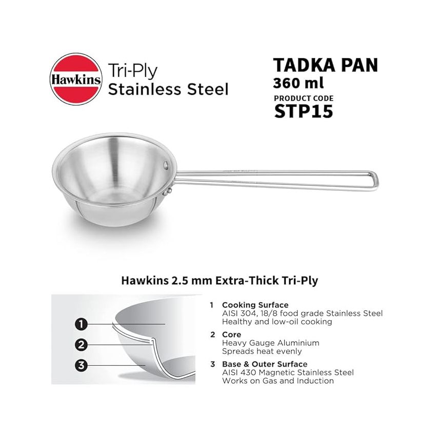Hawkins 1.5 Cup Tadka Pan, 360 ml Triply Stainless Steel Pan, Induction Pan, Silver (STP15)
