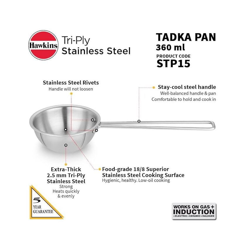 Hawkins 1.5 Cup Tadka Pan, 360 ml Triply Stainless Steel Pan, Induction Pan, Silver (STP15)