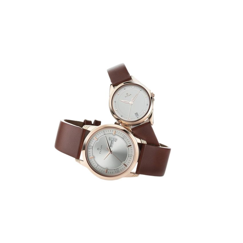 Titan Quartz Analog with Day and Date Silver Dial Leather Strap Watch for Couple-NS17742565WL01P/NT17742565WL01