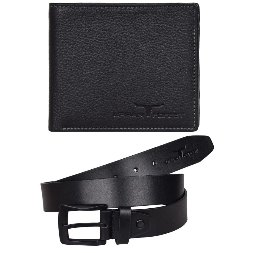 URBAN FOREST Stannis Black Leather Wallet & Black Casual Belt Combo Gift Set for Men