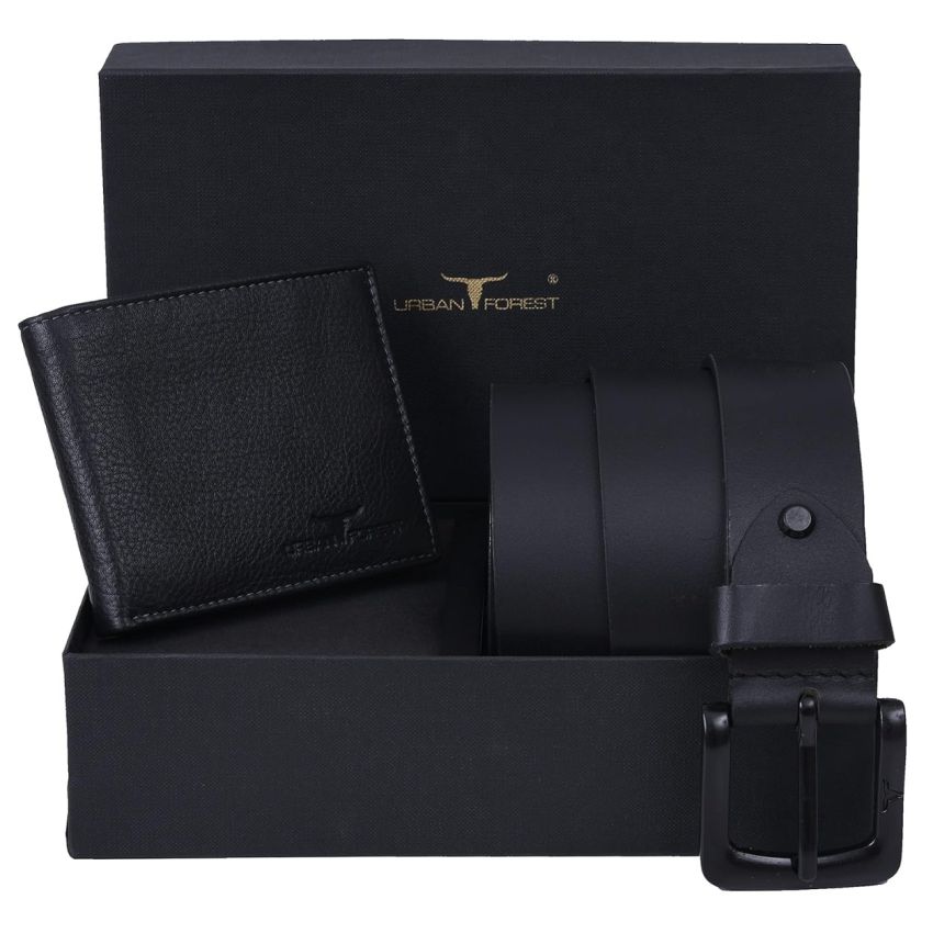 URBAN FOREST Stannis Black Leather Wallet & Black Casual Belt Combo Gift Set for Men