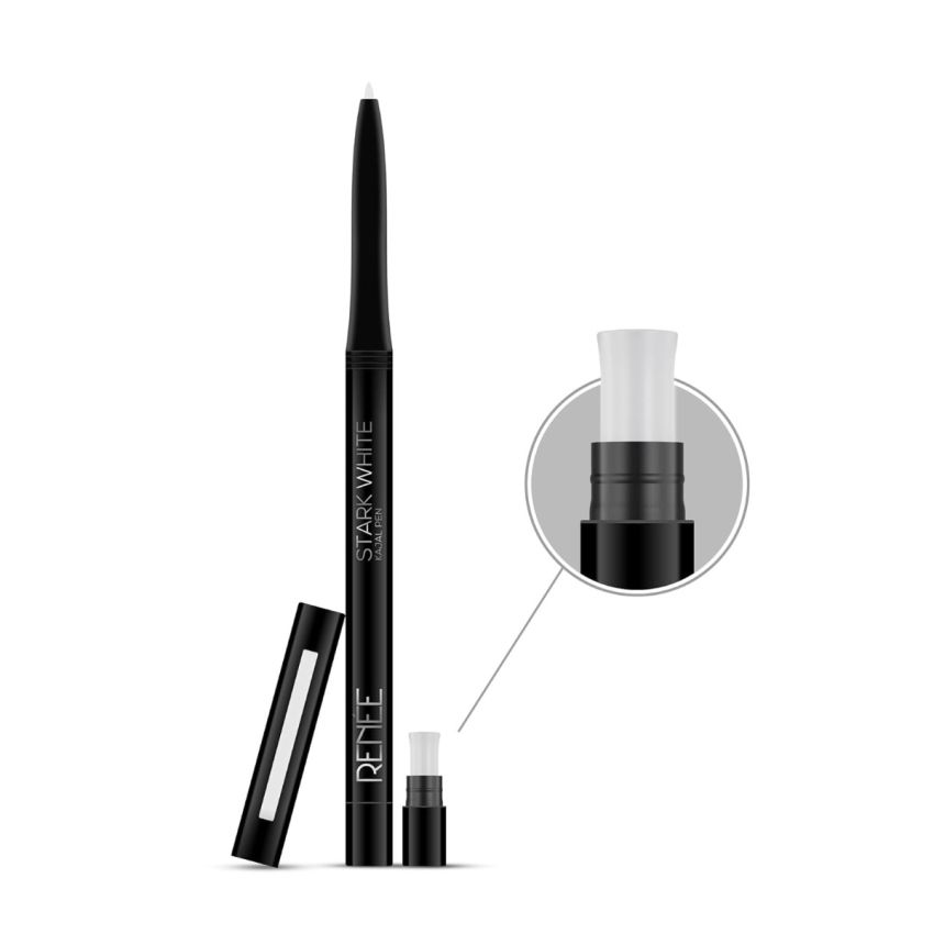 RENEE Kajal Pen with Sharpener - Stark White 0.35gm 24 Hrs Stay Long Lasting Kohl Pencil, Matte Finish, Rich Color Payoff, Smudge & Water Proof with One Swipe Application Formula