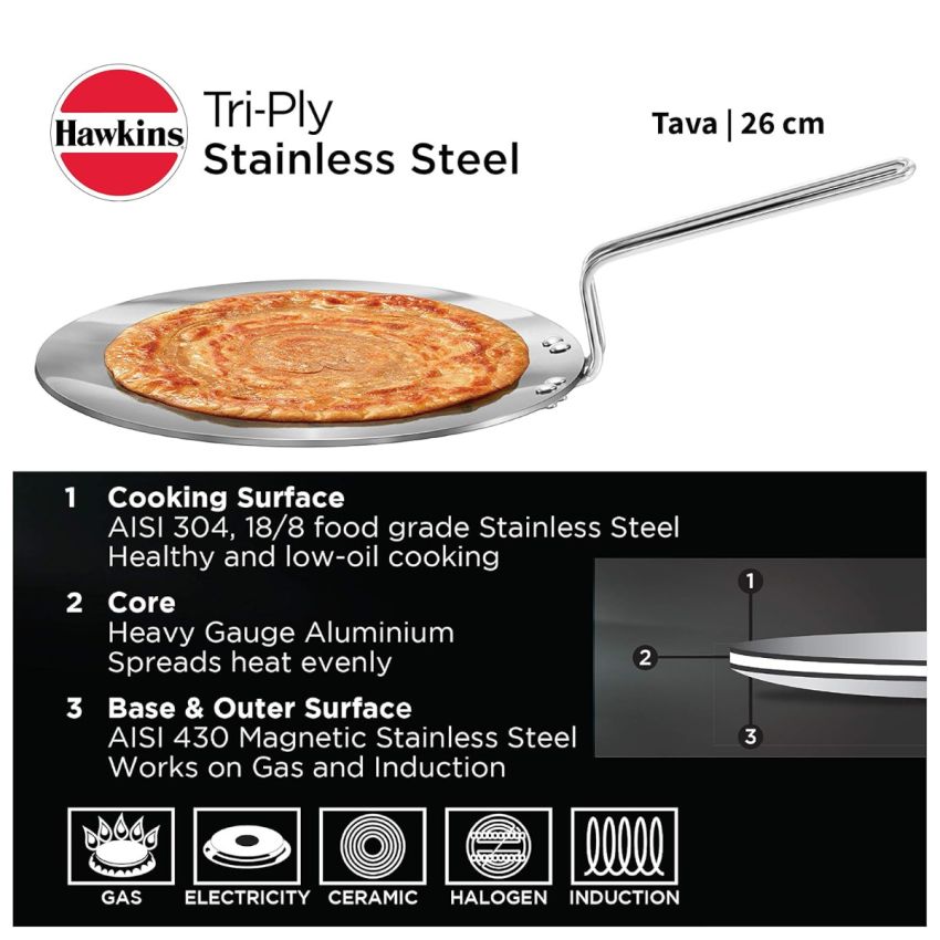 Hawkins Tri-Ply Stainless Steel Induction Compatible Tava, 26 cm, 3.5 mm & Stainless Steel Induction Compatible TPan with Glass Lid, 1 Litre, 0.9 mm