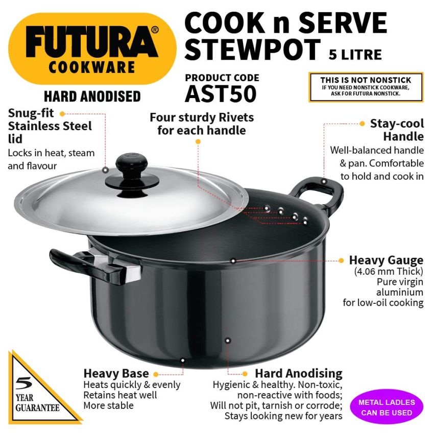Hawkins Futura 5 Litre Cook n Serve Stewpot, Hard Anodised Sauce Pan with Stainless Steel Lid, Cooking Pot with Two Handles, Black (AST50)