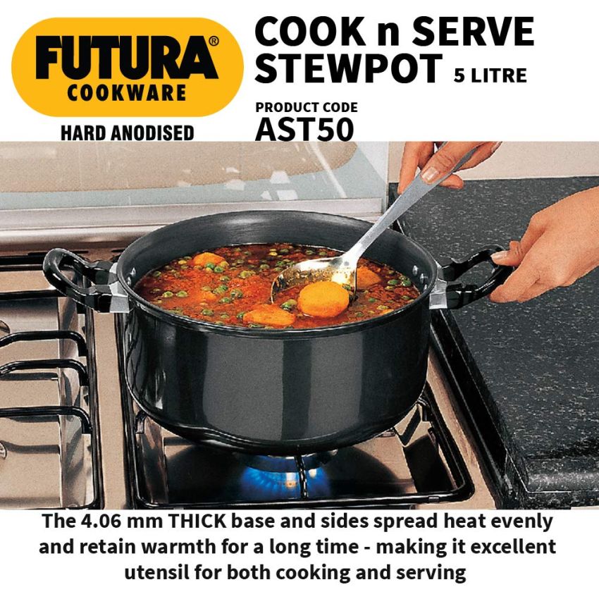 Hawkins Futura 5 Litre Cook n Serve Stewpot, Hard Anodised Sauce Pan with Stainless Steel Lid, Cooking Pot with Two Handles, Black (AST50)