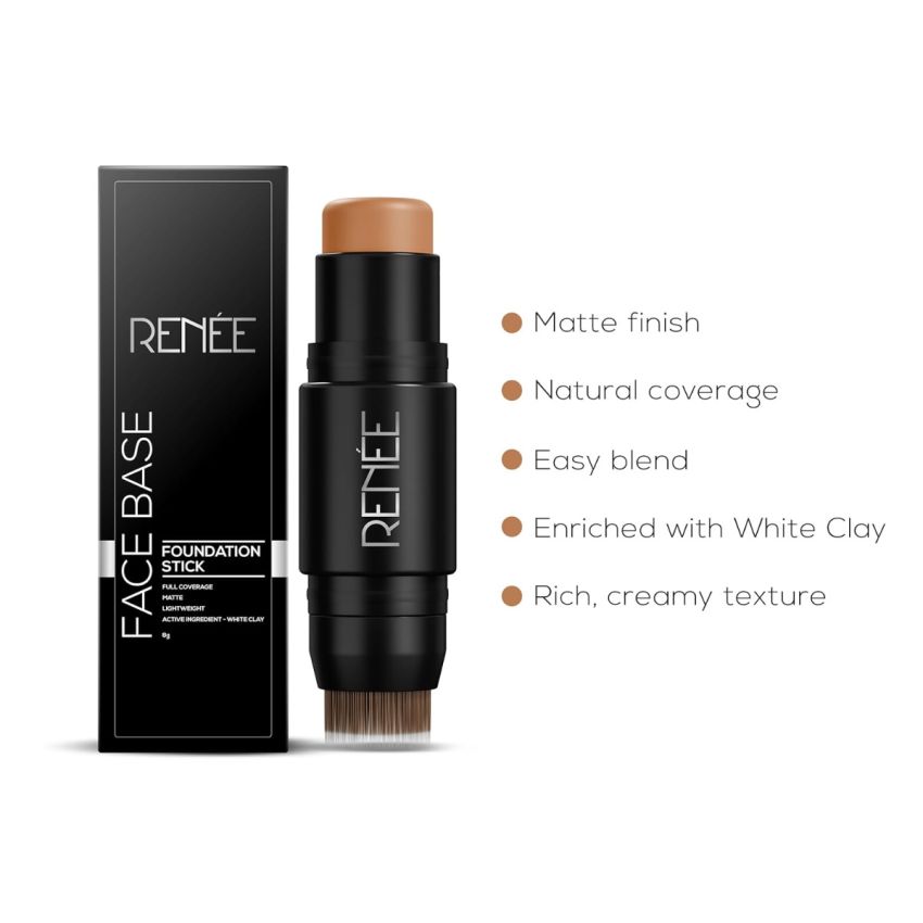 RENEE Face Base Foundation Stick - Irish Cream, 8gm| Enriched with White Clay, Weightless, Long-lasting, Velvet Matte Finish formula Provides Full Coverage