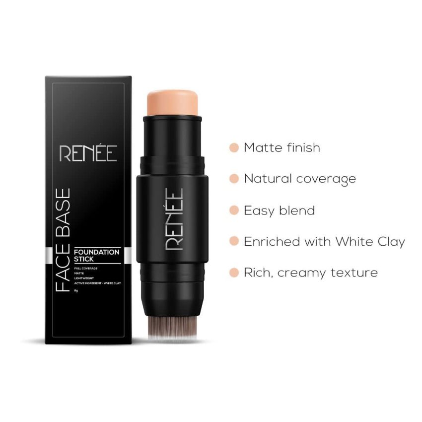 RENEE Face Base Foundation Stick with Applicator Mocha 8gm| Enriched with White Clay| Weightless & Long-lasting Formula| Velvet Matte Finish