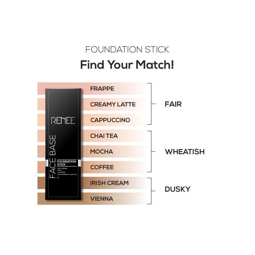 RENEE Face Base Foundation Stick with Applicator Mocha 8gm| Enriched with White Clay| Weightless & Long-lasting Formula| Velvet Matte Finish