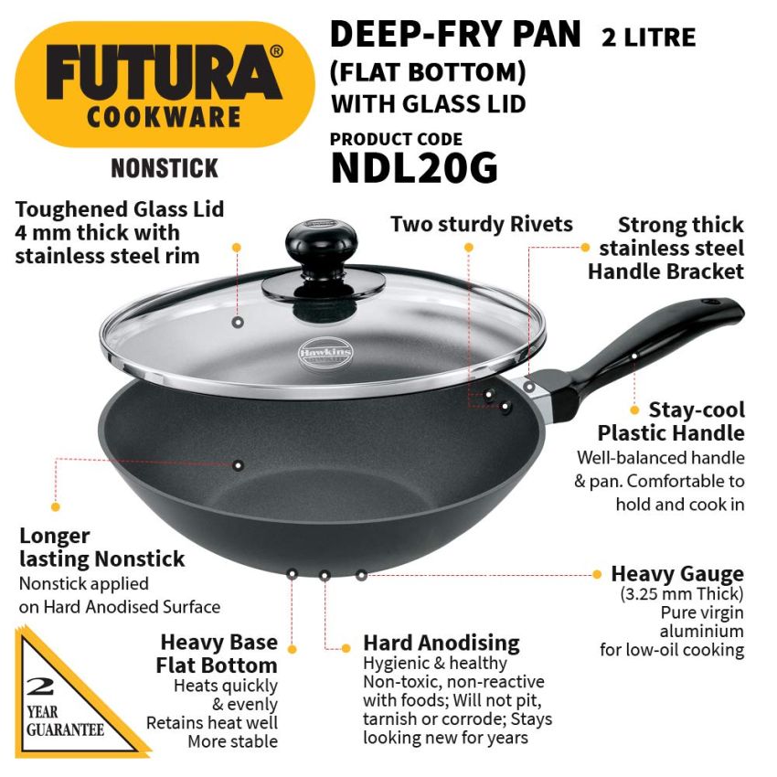 Hawkins Futura Nonstick Stir-Fry Pan 2 L, 26 Cm, 3.25 Mm With Glass Lid, Black