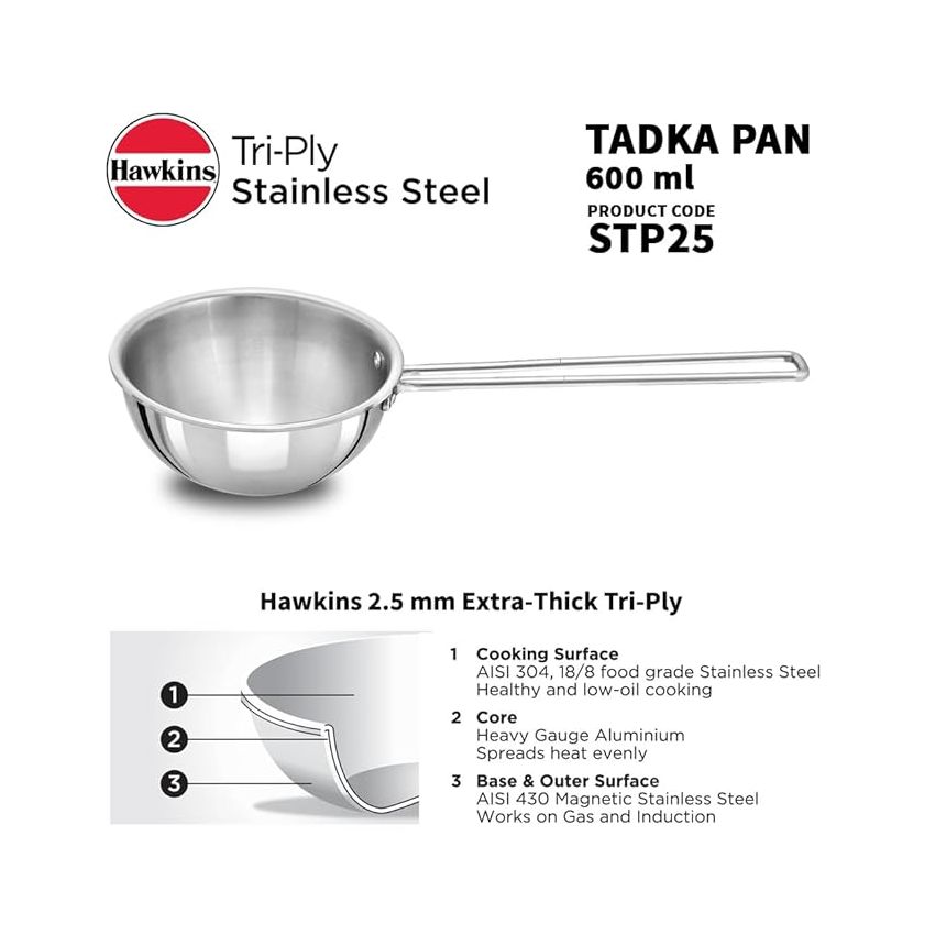 Hawkins 2.5 Cup Tadka Pan, 600ml Triply Stainless Steel Pan, Silver (STP25)