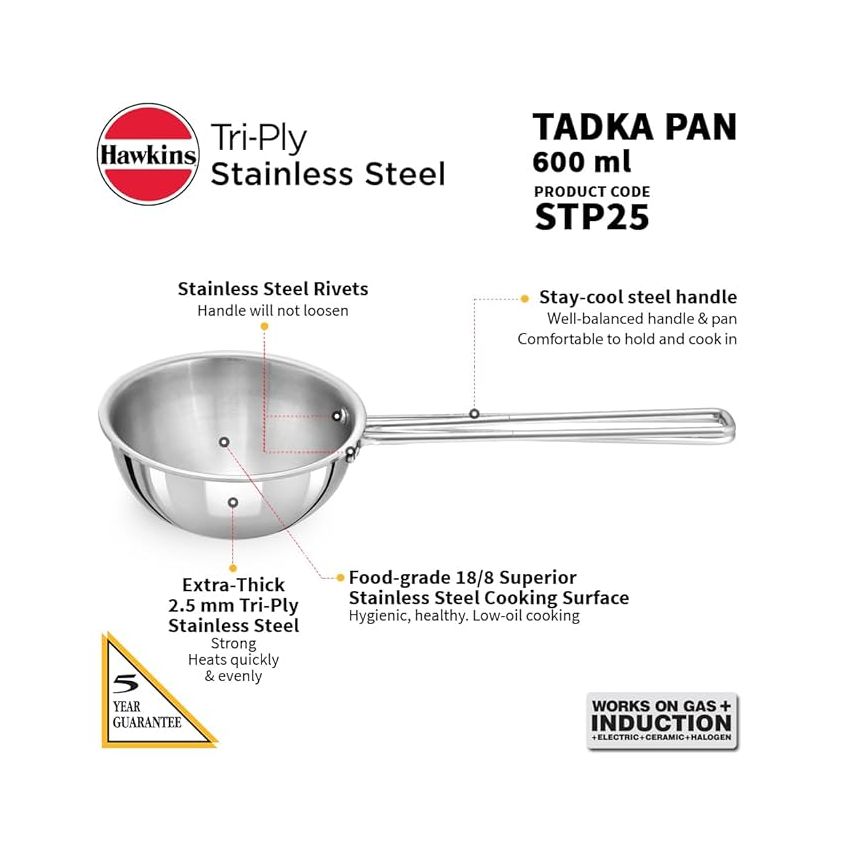 Hawkins 2.5 Cup Tadka Pan, 600ml Triply Stainless Steel Pan, Silver (STP25)