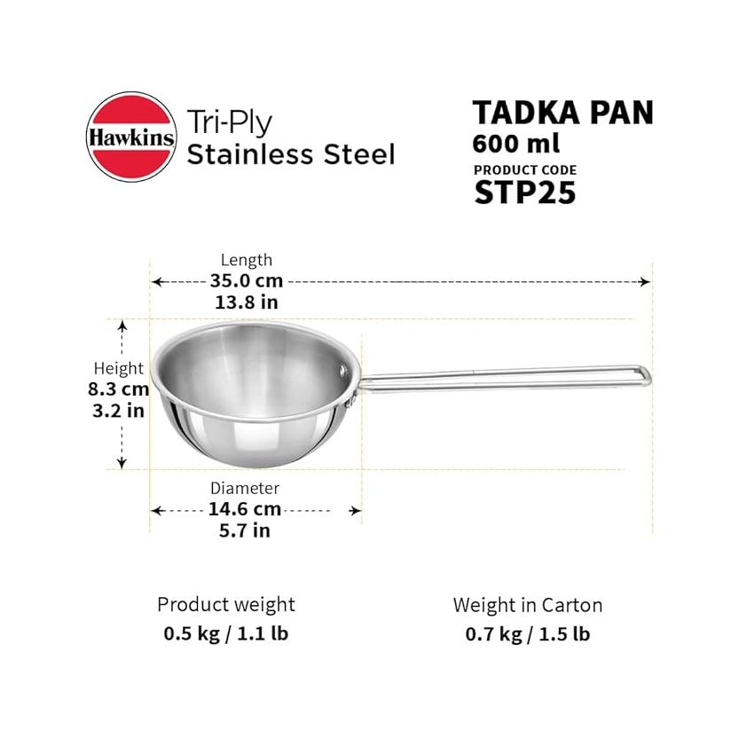 Hawkins 2.5 Cup Tadka Pan, 600ml Triply Stainless Steel Pan, Silver (STP25)